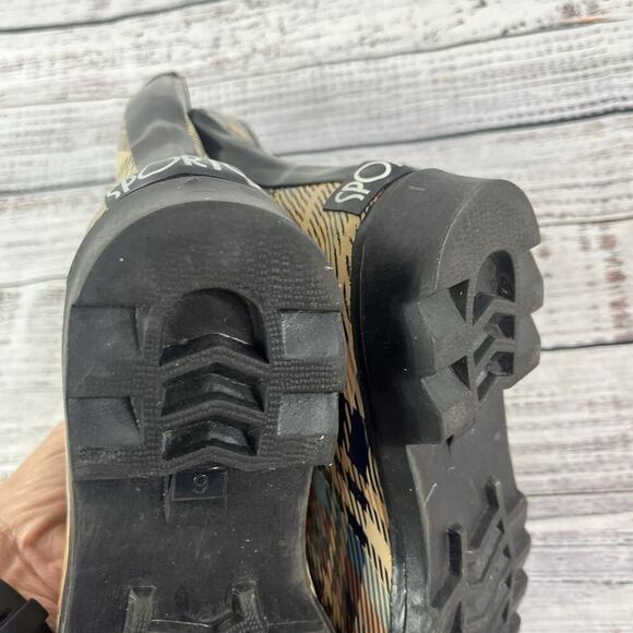 Sporto AMY Rubber Rain Duck Boots size 6 Black Tan Blue Plaid Calf Any Weather - Picture 11 of 11